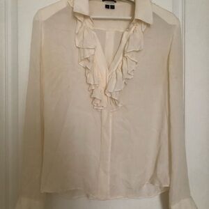 Theory Cream Ruffled Blouse with Notched Collar